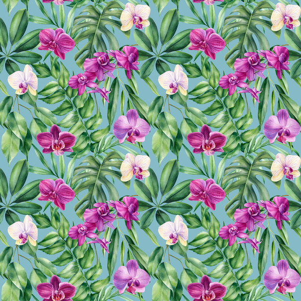 Tropical leaves, orchid flowers. Watercolor botanical painting. Seamless pattern. High quality illustration - Фото, изображение