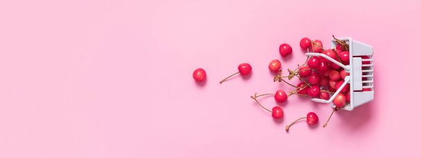 A handful of cherries scattered from a cart, sweet cherries on a pink background. Banner format. - Fotoğraf, Görsel