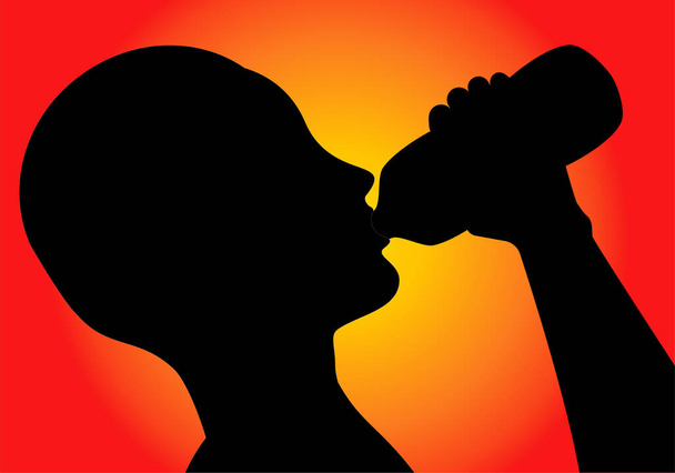 Juo vettä, nesteytä. Musta siluetti henkilön kasvot juo pullon vettä auringon kanssa taustalla - Vektori, kuva