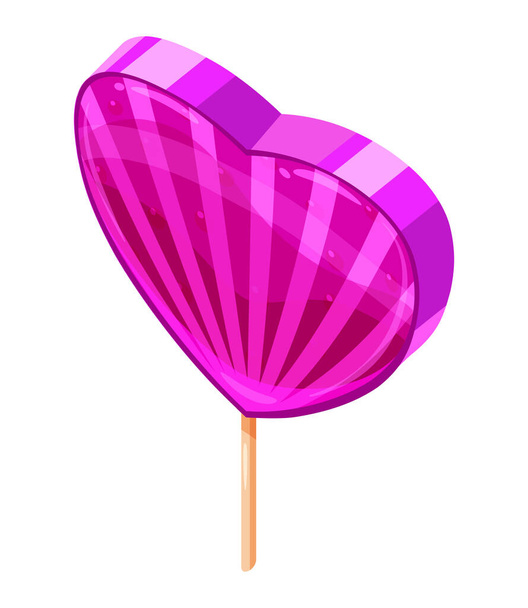 キャンディシュガーハートロリポップアイソメトリック。甘い食べ物のアイコン漫画スタイルのベクトル孤立 - ベクター画像