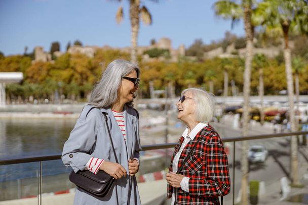 gelukkig gepensioneerde vrouw in zonnebril en geruite jas ontspannen met haar langharige vrouwelijke vriend tegen wazig decor van stadsgezicht - Foto, afbeelding