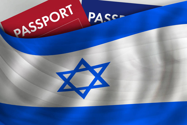 Israeli flag background and passport of Israel. Citizenship, official legal immigration, visa, business and travel concept.  - Fotó, kép