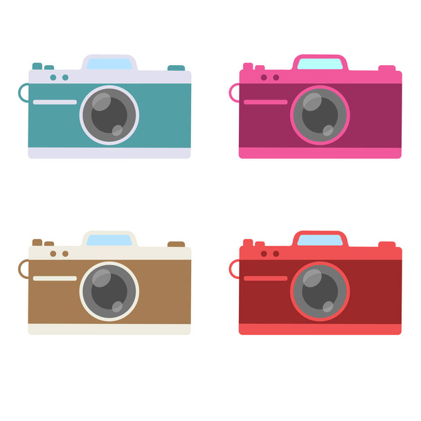 Retro color camera set. Flat vector illustration of a camera. Isolated on white background. - Vetor, Imagem