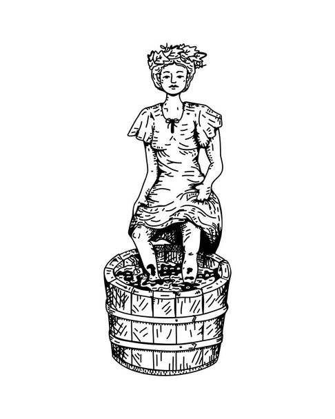 Młoda kobieta miażdżąca winogrona nogami do produkcji wina. Zbieranie winorośli, domowa winiarnia w wiosce. Grawerowanie. Ilustracja wektora. - Wektor, obraz