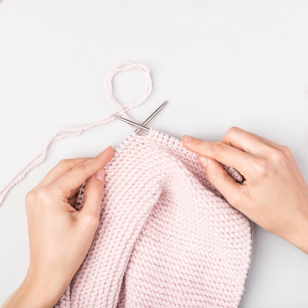 top view woman knitting. High resolution photo - Фото, изображение