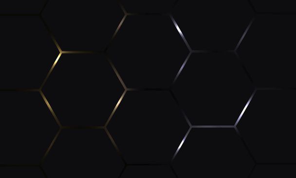 Fondo de tecnología abstracta de hexágono negro con destellos brillantes de oro y plata bajo hexágono. Negro hexagonal lujo elegancia vector abstracto tecnología fondo. - Vector, imagen