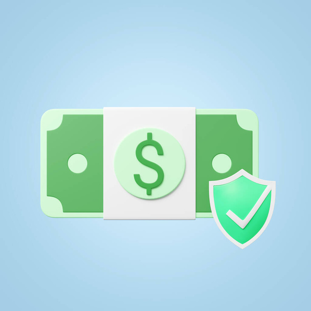 Bundles cash dollar or banknote, guardian shield, check security  floating blue background. Saving money, Mobile banking, Online payment, Technology protection concept. Cartoon icon minimal. 3d render - Photo, Image