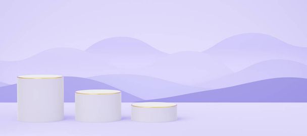 3d white cylinder podium with gold border on purple wave background. 3 Empty pedestal mockup space for display product design. Abstract minimal studio geometric shape. Paper cut style. 3d rendering. - Photo, Image