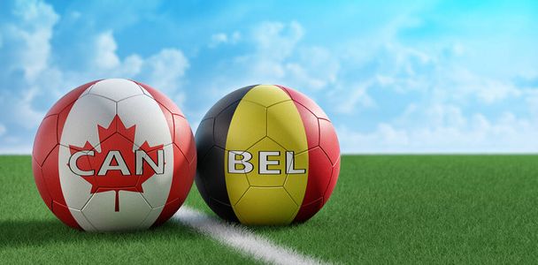 Belgium vs. Canada Soccer match - Soccer balls in Belgium and Canada national colors. 3D Rendering  - Фото, изображение