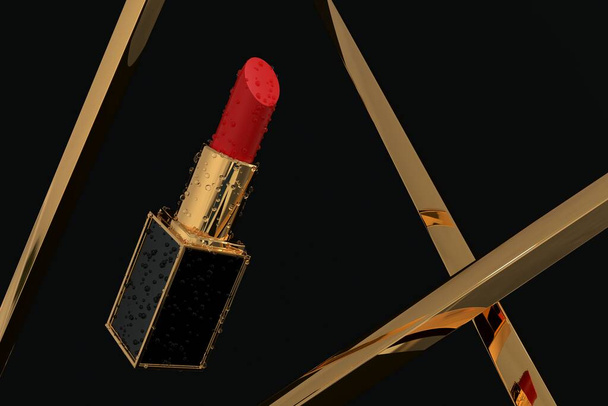 New tube of red lipstick on abstract background, makeup product model, 3D render closeup - 写真・画像