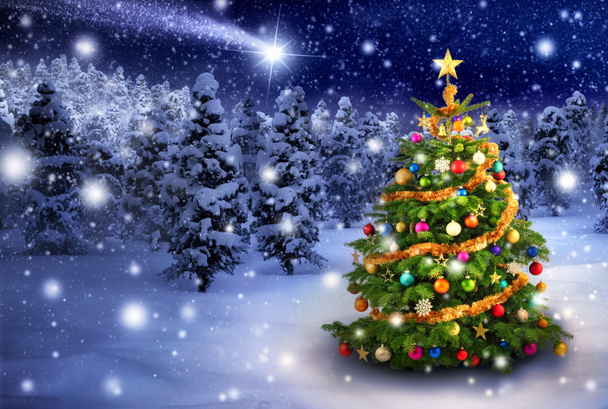 Різдвяна ялинка в сніжну ніч
 - Фото, зображення