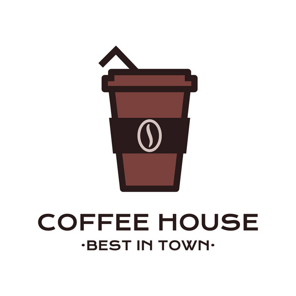 Мінімальна векторна ілюстрація чашки з витягнутим напоєм з солом'яним та бобовим іконом на білому тлі з написом "Coffee House Best In Town". - Вектор, зображення