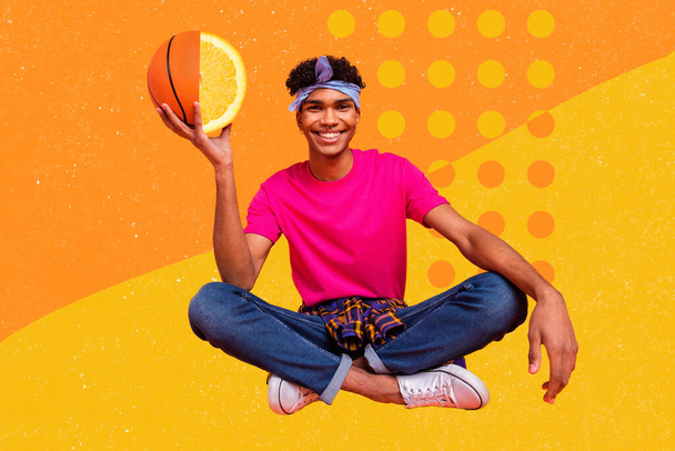 Composite collage portrait of positive person sitting hand hold half basketball orange citrus isolated on creative background. - Foto, afbeelding
