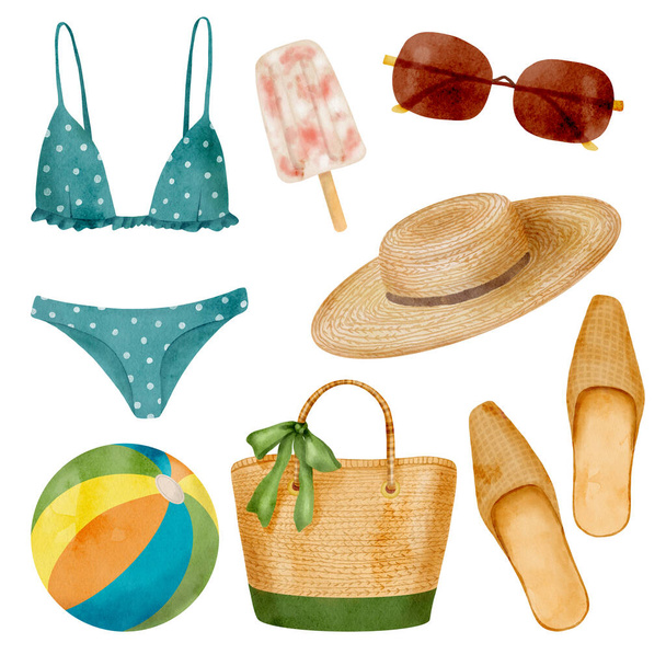 Watercolor beach vacation essentials illustration. Hand drawn bikini swimsuit, sun hat, straw beach bag, mules, popsicle, beach ball and sunglasses isolated on white background. Retro summer fashion - Foto, Imagem
