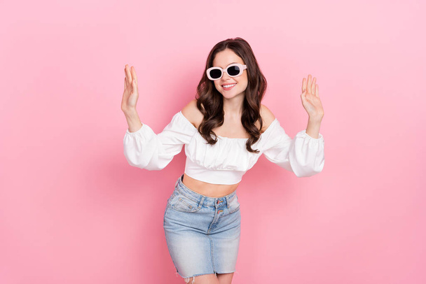 Photo of cute charming adorable lady enjoy summer vacation dancing in nightclub isolated on pink color background. - Valokuva, kuva