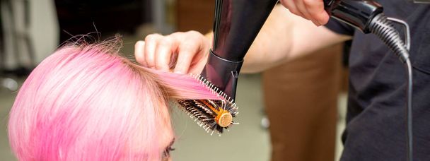 Ξηρά κοντά ροζ μαλλιά νεαρής καυκάσιας γυναίκας με μαύρο στεγνωτήρα μαλλιών και μαύρο στρογγυλό πινέλο από τα χέρια ενός άνδρα κομμωτή σε ένα κομμωτήριο, κοντά - Φωτογραφία, εικόνα