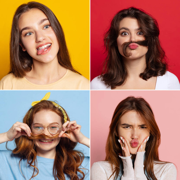 Youth. Collage made with portraits of different funny young people grimace isolated on multicolored background. Concept of emotions, facial expression, sales, ad. Contemporary poster, flyer - Foto, imagen