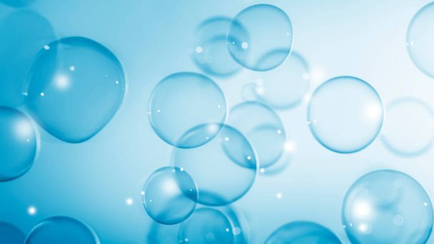 Transparente blaue Seifenblasen Hintergrund. Seife Sud Blasen Wasser. - Foto, Bild