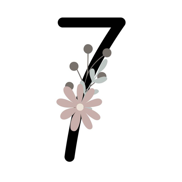 Número siete decorado con flores, ilustración vectorial monograma floral en estilo boho simple, colección de letras decorativas de color pastel plano - Vector, imagen