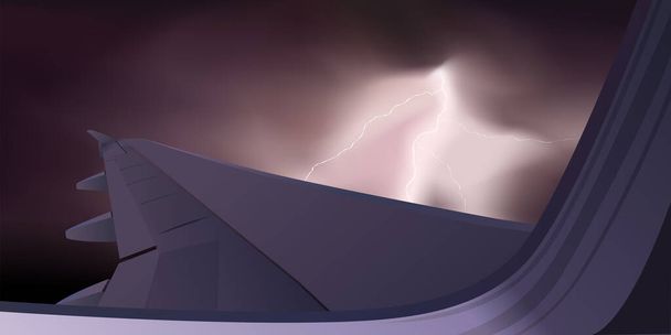 Concept van het risico van slecht weer tijdens het vliegen met een vleugel van een vliegtuig gezien door een raam, tegen een achtergrond van een onweersbui met bliksem. - Vector, afbeelding