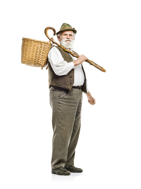 Farmer man in hat holding basket - 写真・画像
