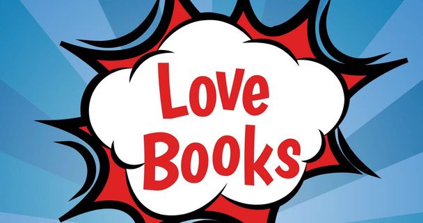 Illustration of white cloud with love books text and red pattern against blue background, copy space.  - Foto, afbeelding