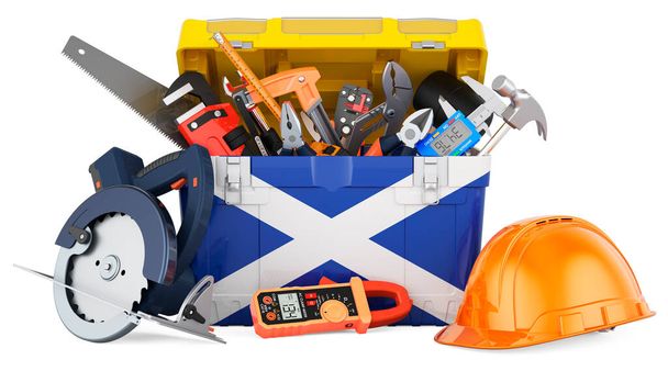 Schotse vlag geschilderd op de gereedschapskist. Service, reparatie en bouw in Schotland, concept. 3D rendering geïsoleerd op witte achtergrond - Foto, afbeelding