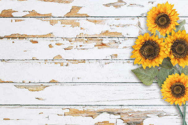 Wooden background floral sunflower decoration. Bright wood texture - Фото, зображення