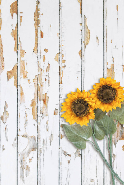 Bright wooden background with sunflowers. Wood texture floral farmhouse decoration - Foto, Imagem