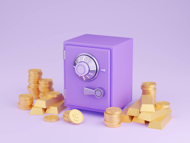 Caja de seguridad con el dinero 3d render - ilustración de caja fuerte púrpura cerrada rodeada de pila de monedas de oro y lingotes. Concepto de almacenamiento seguro de ahorros. Protección de los depósitos bancarios y la riqueza. - Foto, imagen