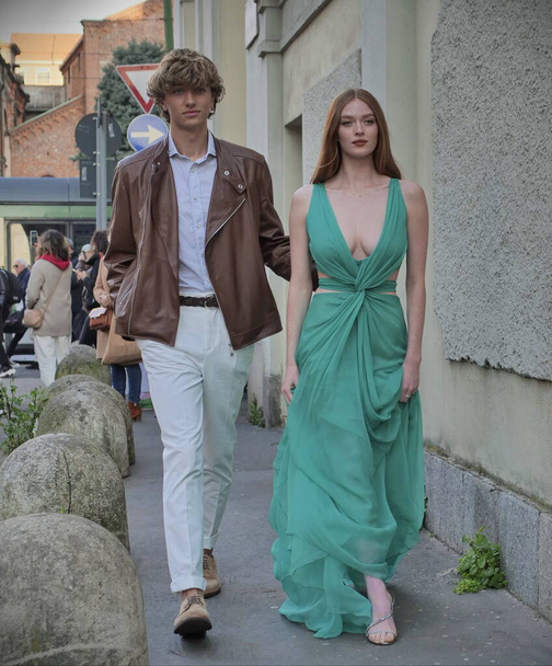 Larsen Thompson e Gavin Casalegno  street style outfit before Alberta Ferretti fashion show during Milano fashion week woman fall winter 2022 - Photo, Image