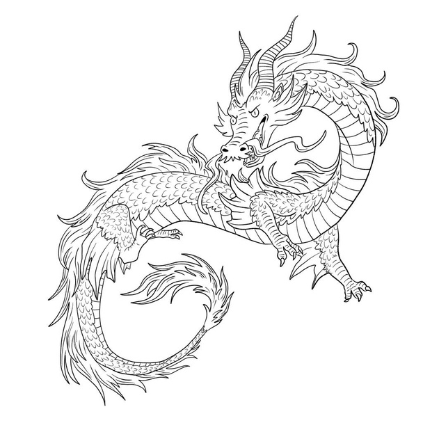 Black and white coloring page ink illustration of a dragon. - Photo, Image