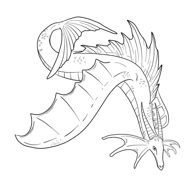 Black and white coloring page ink illustration of a dragon. - Foto, Imagen