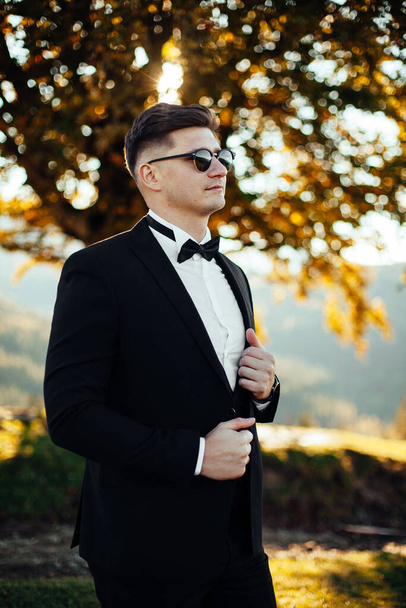 stylish luxury young cute groom on the background mountains - 写真・画像