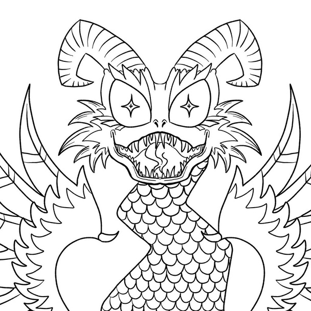 Zwart-wit kleurplaat inkt illustratie van een draak. - Foto, afbeelding