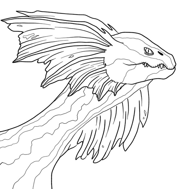 Illustrazione in bianco e nero dell'inchiostro di una pagina da colorare di un drago. - Foto, immagini