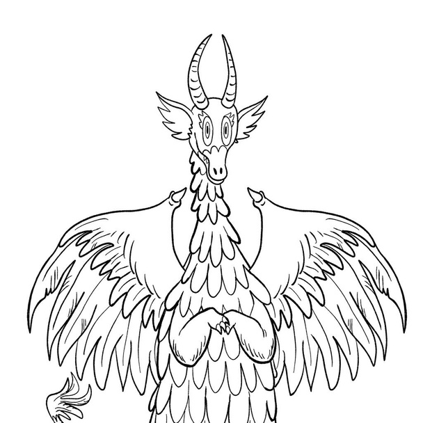 Black and white coloring page ink illustration of a dragon. - Photo, Image