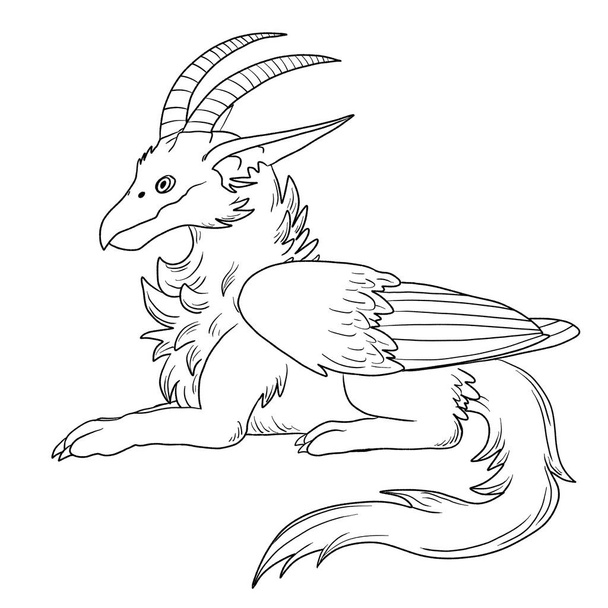 Dibujos para colorear en blanco y negro ilustración de tinta de un dragón. - Foto, imagen