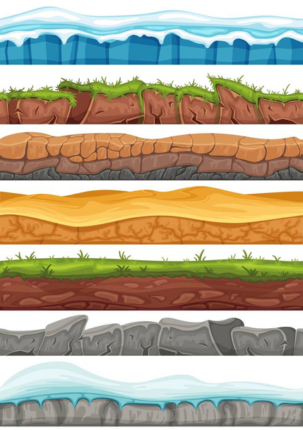 Cartoon seamless grounds. Game background assets of rocks way texture, snowy land, desert sands and green meadow landscape vector Illustration set. Outdoor geological layers structure - Vector, Image