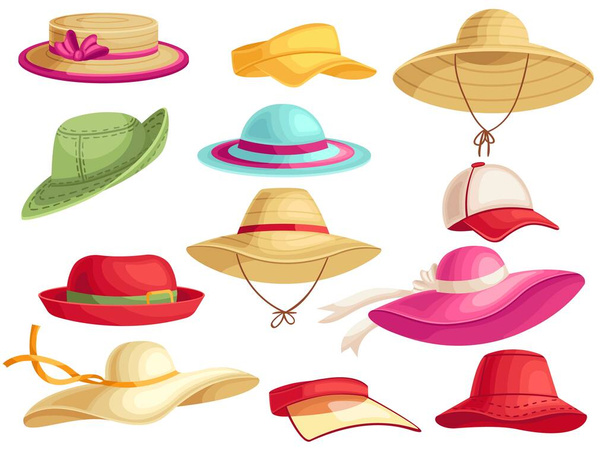 Female summer hats. Beach sun cap, vacation panama and stylish lady hat cartoon vector set. Bright colorful headgear for sunny weather or holiday of sport and elegant style isolated on white - Vector, Image