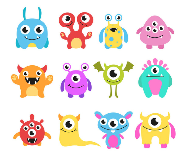 Conjunto de monstruos multicolores en estilo de dibujos animados. Ilustración vectorial de encantadores personajes infantiles monstruos de diferentes formas. - Vector, Imagen