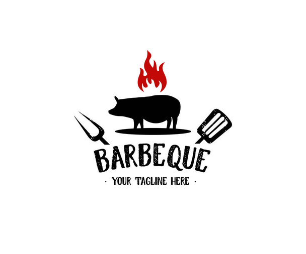 Barbeque BBQ logo zaproszenie z wieprzowiną i skrzyżowane widelec szpatułki, hipsterski styl projekt logo. Z realistyczną wstążką i ognistym elementem wektor projektu i ilustracji. - Wektor, obraz