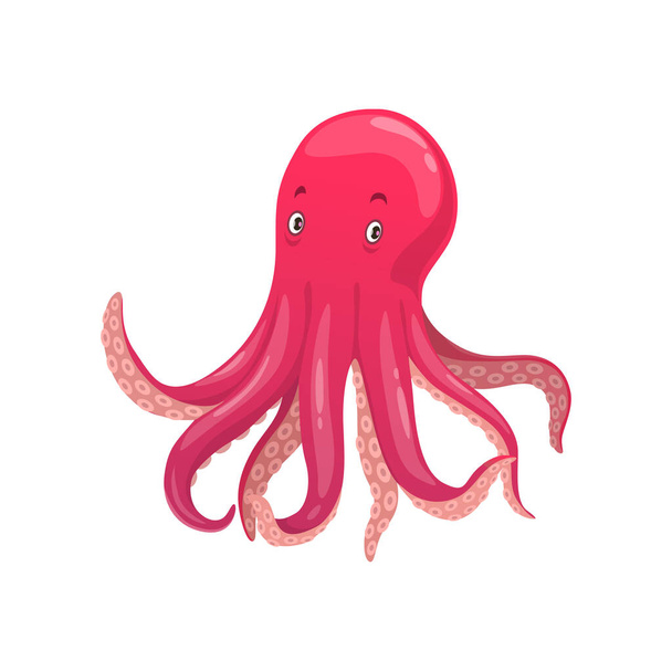 Мультяшна восьминога підводна тварина, ізольована векторна морська та океанічна істота, дитячий персонаж з рожевою шкірою та довгими щупальцями. Вода крокету, цефалоподібний характер з очима і чуттями
 - Вектор, зображення