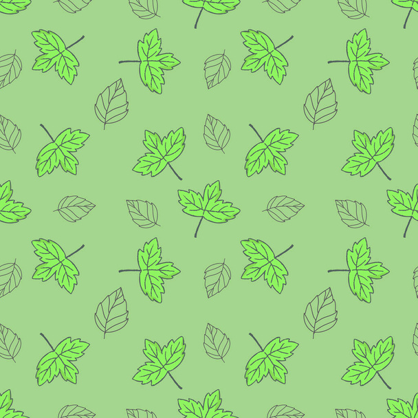 Απρόσκοπτη φόντο με πράσινο doodles αφήσει σε φωτεινό πράσινο φόντο. Πολυτελές σχέδιο για τη δημιουργία υφασμάτων, ταπετσαρία, χαρτί. Εσοδεία. Ρομαντικό floral εικονογράφηση - Φωτογραφία, εικόνα