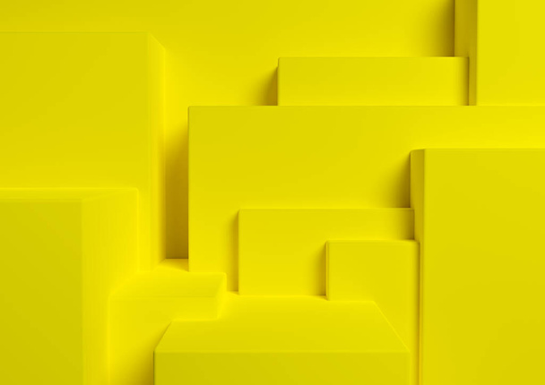 Bright, neon yellow 3D rendering product display podium or stand simple, minimal, abstract, asymmetrical background or wallpaper for product photography or advertisement city silhouette - Foto, Bild