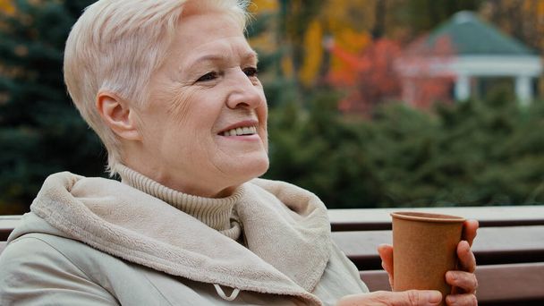 Happy gray-haired dreamful mature elderly woman grandmother drinking coffee hot tea from disposable cup sitting on park bench senior healthy cheerful middle aged enjoying spending free time outdoors - Photo, Image