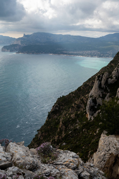 Touristic route D141 road from La Ciotat to Cassis, panoramic view on blue sea, limestone's cliffs and green pine forest, vacation in Provence, France - 写真・画像