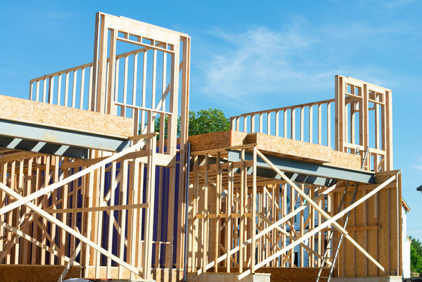 plywood house construction new frame lumber sky shell - Photo, Image