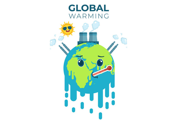 Global Warming Cartoon Style Illustration with Planet Earth in a tání nebo pálení stav a image Sun to prevent Damage to Nature and Climate Change - Vektor, obrázek
