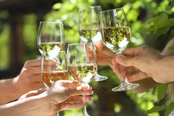 glazen witte wijn maken een toast te houden - Foto, afbeelding